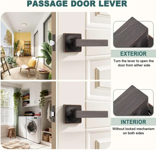 Vista 3 de GOBEKOR Paquete de 1 manija cuadrada para puerta de paso de bronce aceitado para puerta de pasillo, armario, cerradura de puerta, perilla de puerta