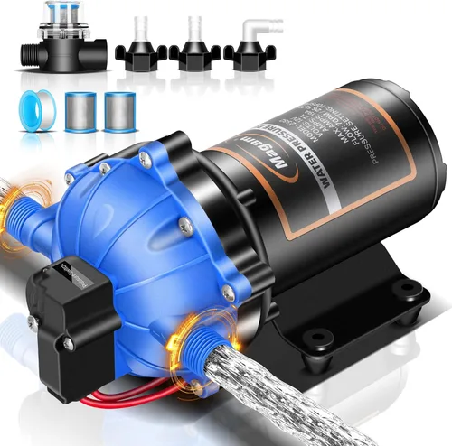 Bomba de agua mejorada de 12 voltios, 7 GPM 70 PSI, diafragma autocebante de cinco cámaras de 12 V CC RV bomba fresca con interruptor de presión