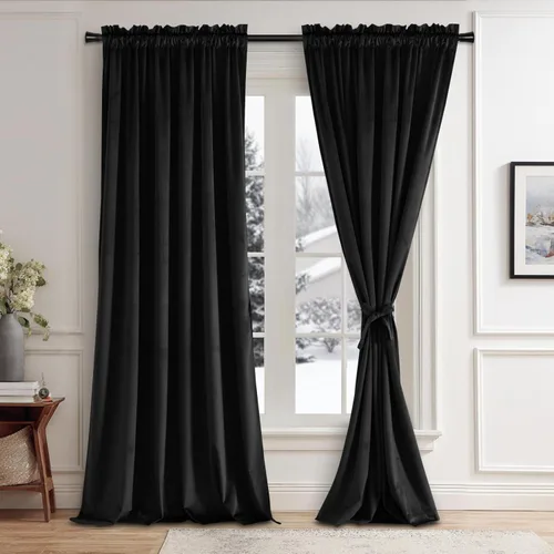 Vista 108 de JIUZHEN Cortinas de terciopelo rosa de 108 pulgadas para sala de estar, cortinas opacas extralargas para dormitorio, bolsillo para barra, protección