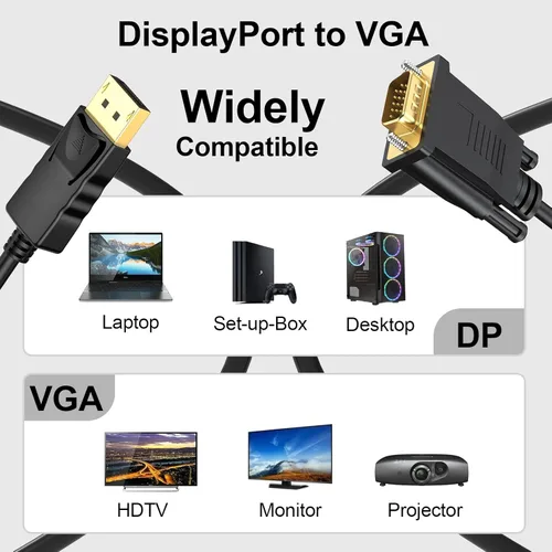Vista 2 de Cable DisplayPort a VGA de 3 pies, paquete de 2 puertos de pantalla DP a VGA, cable adaptador macho a macho de video HD 1080P para computadora