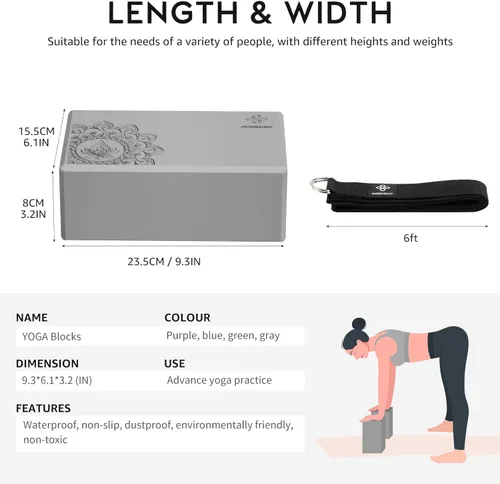 Vista 5 de Overmont Juego de bloques de yoga + bloque de yoga de corcho con combinación de correa