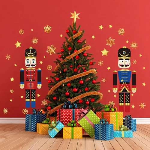 Vista 4 de Whaline 8 hojas de calcomanías de Navidad para puerta, decoración de cascanueces grandes, copos de nieve dorados, calcomanías de puerta