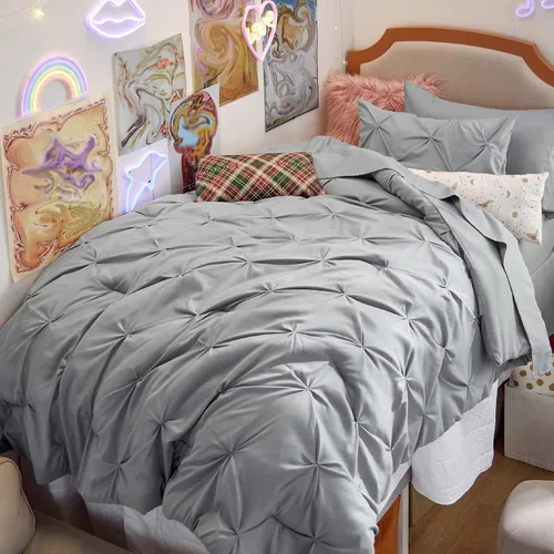 Vista 85 de Bedsure Juego de edredón tamaño individual XL, juego de ropa de cama extra largo de 5 piezas, cama plisada rosa en una bolsa con edredón, sábanas
