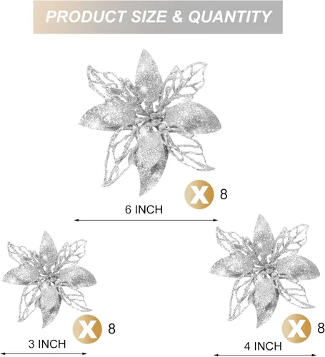 Vista 3 de 24 piezas de flores artificiales de Navidad con purpurina para decoración de boda, árbol de Navidad, Año Nuevo (plateado)