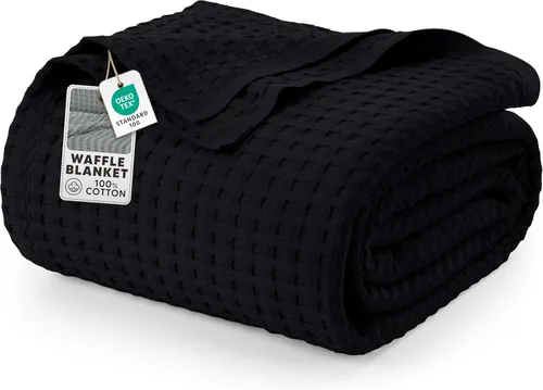 Utopia Bedding Manta de Waffle Negra de Algodón 100% 300 GSM [King - 90x108 Pulgadas] Manta de Cama Suave Ligera Transpirable para Todas las