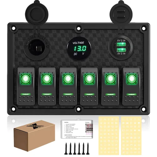 Vista 24 de Panel de interruptores de barco marino de 5 posiciones con cargador USB dual y voltímetro, panel de interruptores basculantes de aluminio