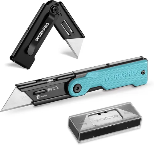 Vista 12 de WORKPRO Juego de 3 cuchillos plegables utilitarios, cortador de caja de cuchillas de cambio rápido, cuchillo de afeitar con clip para cinturón, 10
