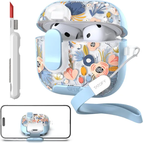 Vista 12 de TATOFY Funda para AirPods Pro 2 y Pro con Soporte para Teléfono, Cordón, Bloqueo, Kit de Limpieza, Compatible con Magsafe, Cubierta Rígida de Flores