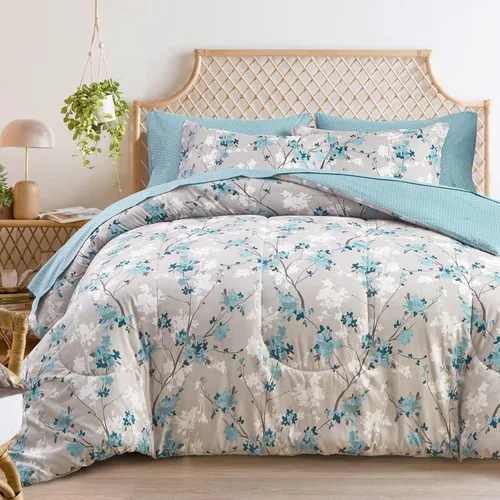 Flysheep Juego de ropa de cama botánica gris en una bolsa, tamaño individual, 6 piezas, hojas grises aguamarina, elegante juego de ropa de cama