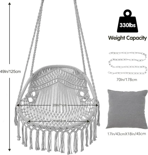 Vista 6 de Silla hamaca colgante con cuerda, silla colgante de máximo 330 libras, 2 cojines incluidos, silla columpio de macramé para dormitorio