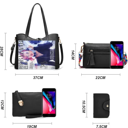 Vista 5 de Juego de 4 piezas bolsa grande con asa superior, bolsa de hombro, bolsa de mano y cartera de estilo moderno para mujer