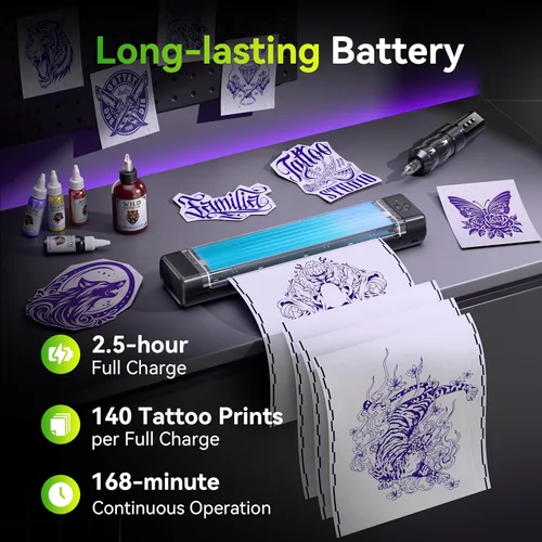 Vista 7 de Itari Kit de impresora de tatuaje A886 con 100 piezas de papel de transferencia, impresora de plantillas de tatuaje para principiantes, impresora