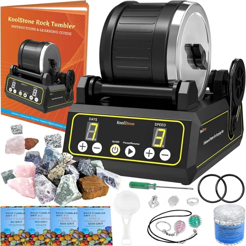 Kit de pulidor de rocas KoolStone C1 - Profesional de gran capacidad de 2.5 libras, hasta 5 veces más cancelación de ruido, temporizador y velocidad