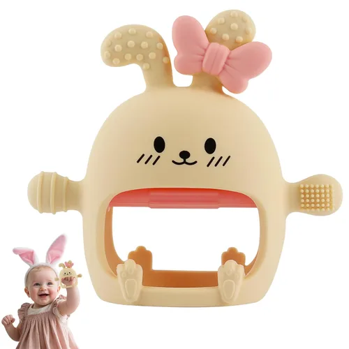 Vista 7 de Chuya Juguetes mordedores de conejito para bebé, alivio de la dentición, conejos texturizados, juguetes masticables de silicona para 0-6, 6-12
