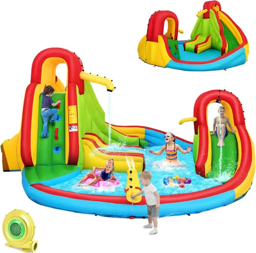 Vista 10 de HONEY JOY Tobogán acuático inflable, parque acuático inflable 7 en 1 con dos toboganes, pared de escalada y piscina de salpicaduras, manguera