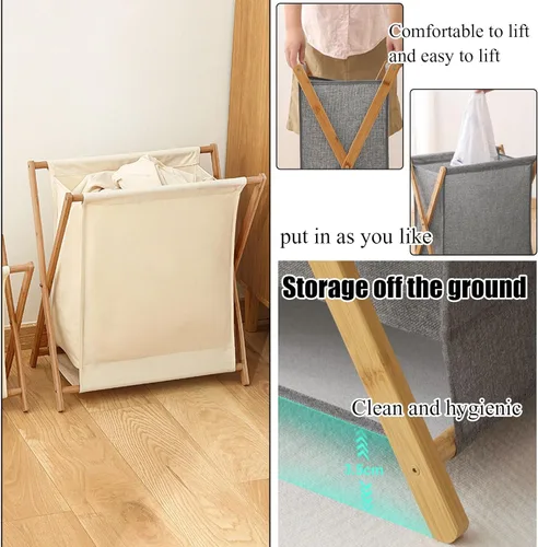 Vista 5 de AVIMYA Cesto para ropa sucia, beige, plegable, portátil, algodón y acero