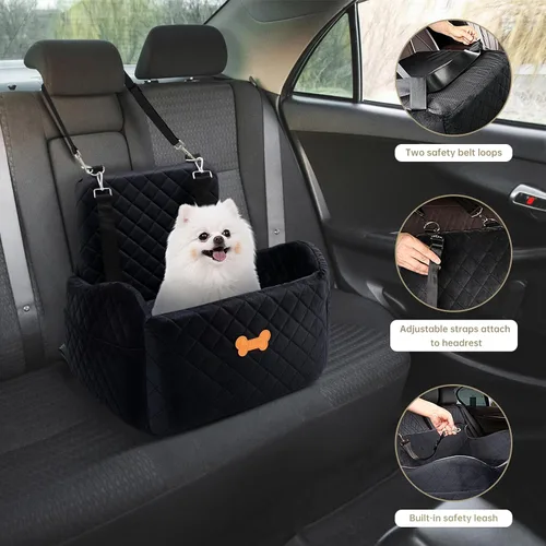 Vista 7 de Asiento de automóvil para perros pequeños, asiento elevador para perros con relleno de espuma viscoelástica gruesa con 2 correas de seguridad