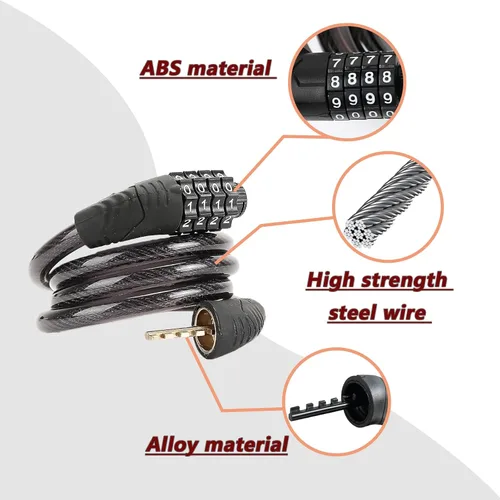 Vista 2 de Candado de bicicleta de combinación de 4 dígitos, cerradura de cable antirrobo resistente con seguridad sin llave, diseño resistente a la intemperie