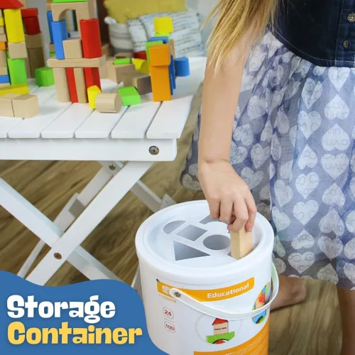 Vista 5 de Pidoko Kids Bloques de madera 100 piezas Bloques de construcción para niños pequeños Incluye contenedor de almacenamiento con clasificador
