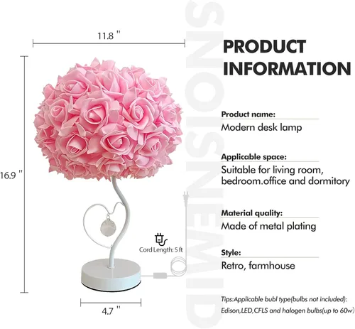 Vista 2 de ZYLEISENBAO Lámpara de Flor de Rosa Rosa Romántica Lámpara de Mesita de Noche Princesa Lámpara de Mesa de Flor para Mesita de Noche Luz