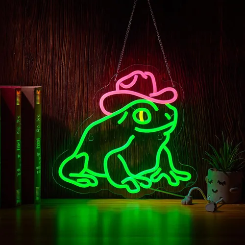Sombrero de vaquero neón signo rana luz LED decoración de pared regulable USB alimentado neón arte signos verde+rosa