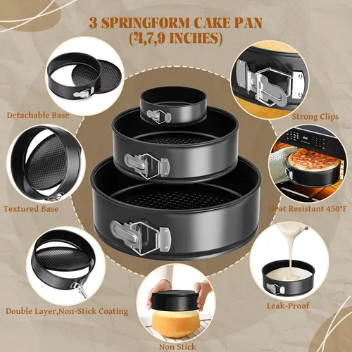 Vista 5 de Juego de 131 moldes para tartas de molde desmontable para hornear, kit de decoración de pasteles antiadherentes (4, 7, 9 pulgadas), bolsas