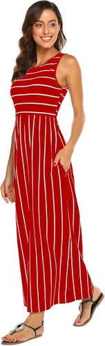 Hount - Vestido largo, casual, holgado, a rayas, sin mangas, suelto y de verano para mujer, con bolsillos