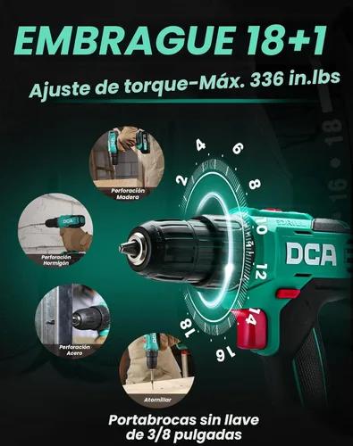 Vista 2 de DCA Juego de Taladro Inalámbrico, Par de 354 Pulgadas-libra, Portabrocas sin Llave de 3/8 Pulgadas, Taladro Eléctrico con Batería de 2.0Ah