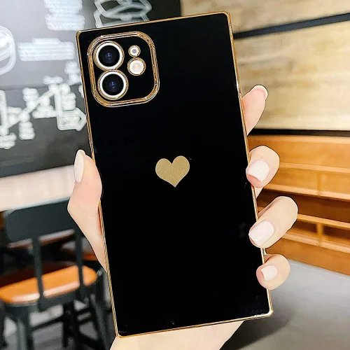 Vista 2 de Funda compatible con iPhone 11, rectangular, bonita carcasa dorada chapada en oro, de lujo, con corazón de amor, para mujeres y niñas, a prueba