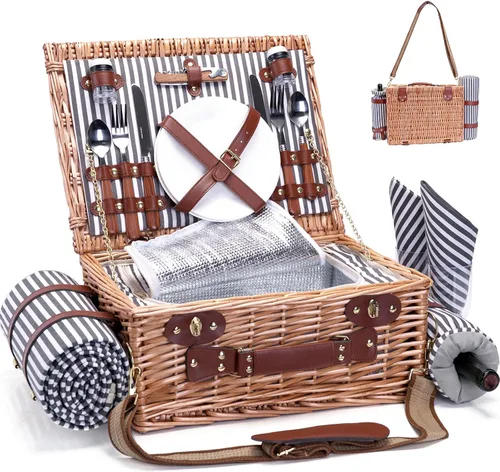 Vista 16 de Cesta de picnic con manta y bolsa para vino para 2, juego de picnic de mimbre con bolsa refrigeradora con forro aislante canasta para camping, boda
