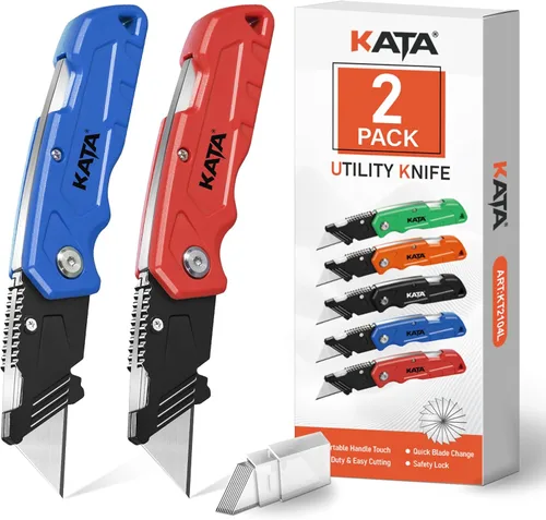 Vista 13 de KATA Cuchillos de corte de caja plegables: paquete de 4 cuchillos utilitarios resistentes para cajas de bolsillo – 20 hojas de afeitar adicionales
