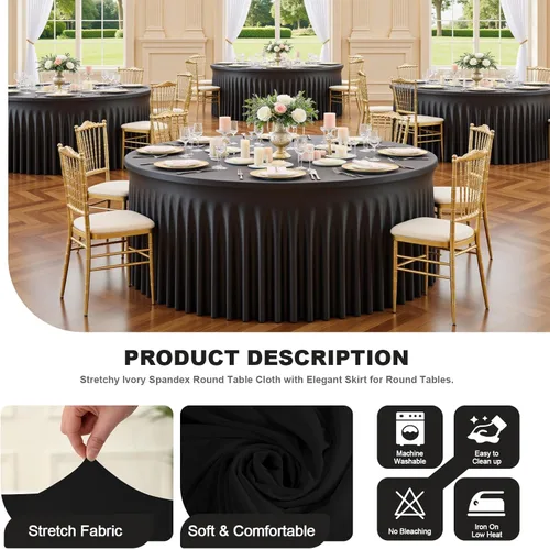 Vista 2 de Mantel redondo de 60 pulgadas en negro para mesas de 5 pies, funda de mesa ajustada de elastano con borde elástico y falda, lavable, sin arrugas
