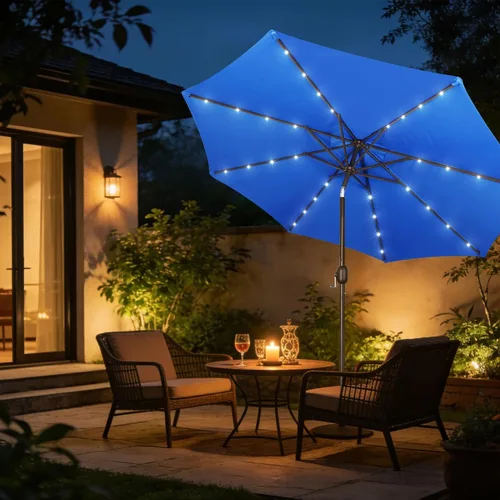 Vista 31 de Blissun Sombrilla solar de 9 pies, sombrilla de patio con 32 luces LED, sombrilla de mercado de mesa, sombrilla al aire libre para jardín, terraza