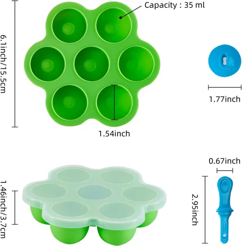 Vista 2 de Moldes de silicona para paletas, moldes para paletas de hielo de 7 cavidades, contenedor de almacenamiento de alimentos para bebés con tapa, Verde