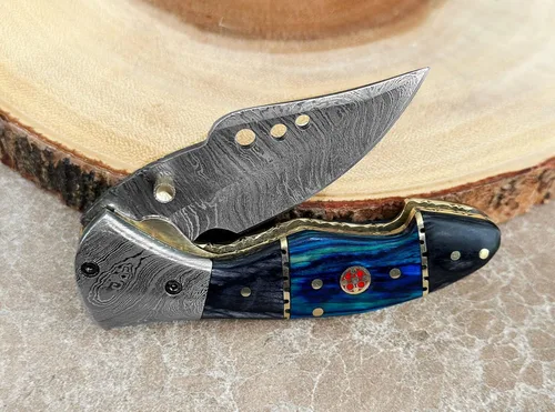 Vista 7 de Cuchillo de Bolsillo de Acero de Damasco para Hombres con Funda de Cuero, Cuchillos de Caza Plegables Hechos a Mano de 7 Pulgadas, Mango - Cuchillo