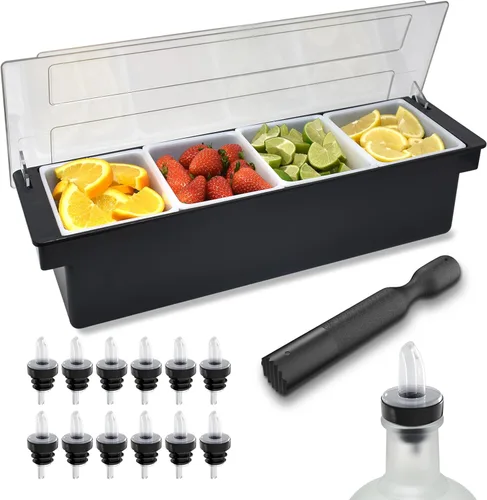 Vista 11 de Esatto - Porta condimentos para bar, bandeja de guarnición refrigerada con tapa para bar, 4 insertos de 1/2 pinta, con 12 vertedores para botellas