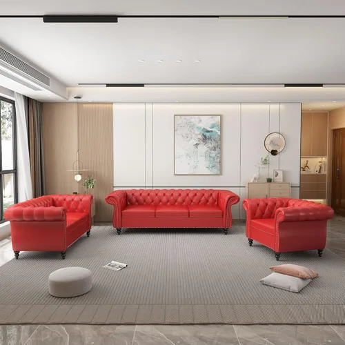 Vista 18 de Juego de 2 piezas para sala de estar, sofá loveseat Chesterfield de terciopelo con silla, brazos enrollados y tachuelas para sala de estar, oficina