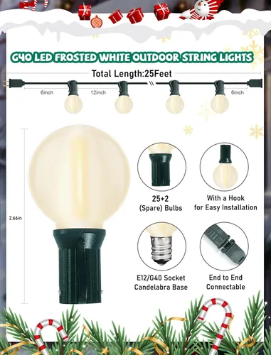 Vista 2 de 25ft Outdoor Christmas LED String Lights,G40 Frosted White Globe Lights with 27pcs Plastic Bulbs,Round Bulb Christmas Lights for Indoor/Outdoor
