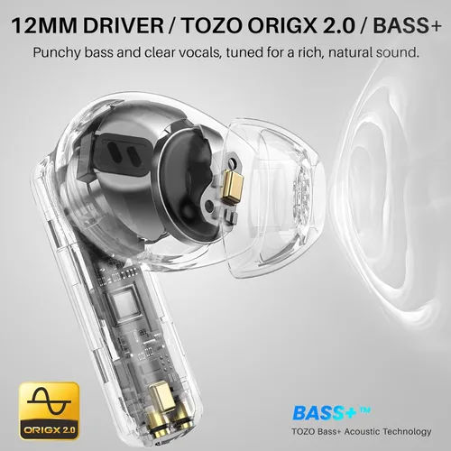 Vista 2 de TOZO Auriculares inalámbricos híbridos con cancelación activa de ruido con 6 micrófonos AI Clear Call Ear Buds 68H Playtime con pantalla LED, 32 Azul