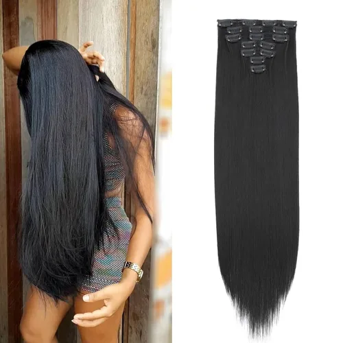 Extensiones de cabello lacio con clip, de 24 pulgadas, 7 piezas, resistentes al calor, de fibra sintética de cabeza completa, con clip, para mujeres