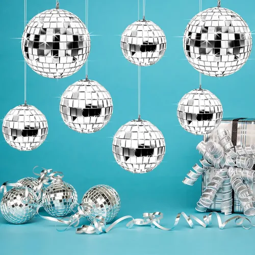 Vista 6 de 24 piezas de bola de discoteca de espejo para colgar, decoración de bola de discoteca de cristal, decoraciones de fiesta de discoteca plateada
