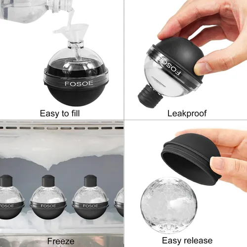Vista 8 de Moldes de bola de hielo de silicona para whisky - Juego de 4 moldes redondos con tapas para cócteles, bourbon y bebidas