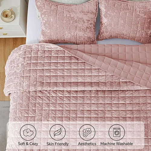 Vista 4 de BEDELITE Juego de colcha de terciopelo tamaño Queen - Juego de ropa de cama de edredón de terciopelo de lujo de 3 piezas, colcha suave y acogedora