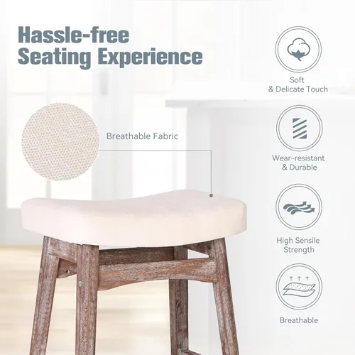 Vista 5 de Taburete de bar de madera maciza para encimera de cocina, taburete de bar con asiento de silla de montar de tela, taburete tapizado para isla de 34