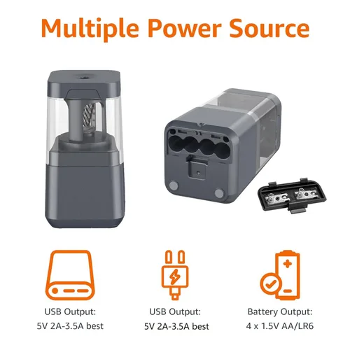 Vista 2 de Yaxa Basics Sacapuntas eléctrico portátil, cuchilla helicoidal, parada automática, funciona con batería/cable USB, negro, 2.87 x 2.87 x 5.3