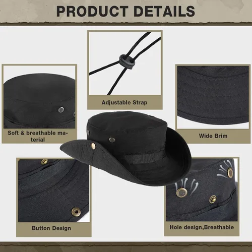 Vista 4 de Xtinmee 20 sombreros Boonie a granel de ala ancha para safari, sombrero de verano al aire libre para senderismo camping con correa ajustable