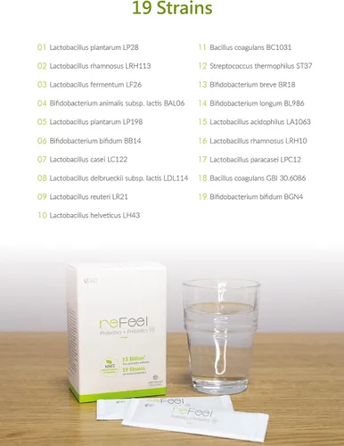 Vista 6 de reFeel 2.0 Suplemento probiótico diario – 15 mil millones de UFC, sabor a yogur ligeramente dulce, prebióticos incluidos, para un equilibrio óptimo