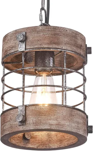 Vista 10 de Lámpara colgante de granja, lámpara de araña ajustable de metal y madera, iluminación colgante rústica para isla de cocina, dormitorio, comedor