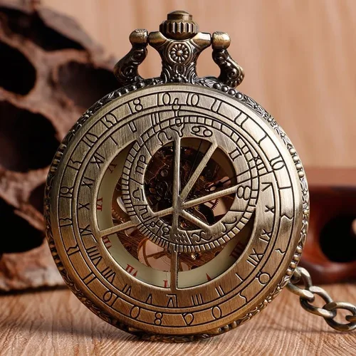 Vista 2 de Bronze Men's Antique Mechanical Pocket Watch, Skeleton Mechanical Roman Numerals Pocket Watch with Chain + Box