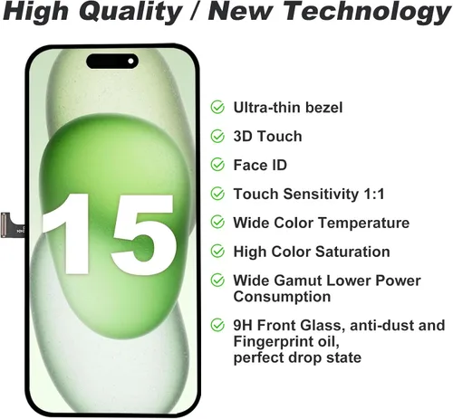 Vista 3 de DIGI4U Pantalla LCD para iPhone 15 reemplazo de pantalla, 6.1 pulgadas [3D táctil] [muesca pequeña] para iPhone 15 pantalla digitalizador Asamblea